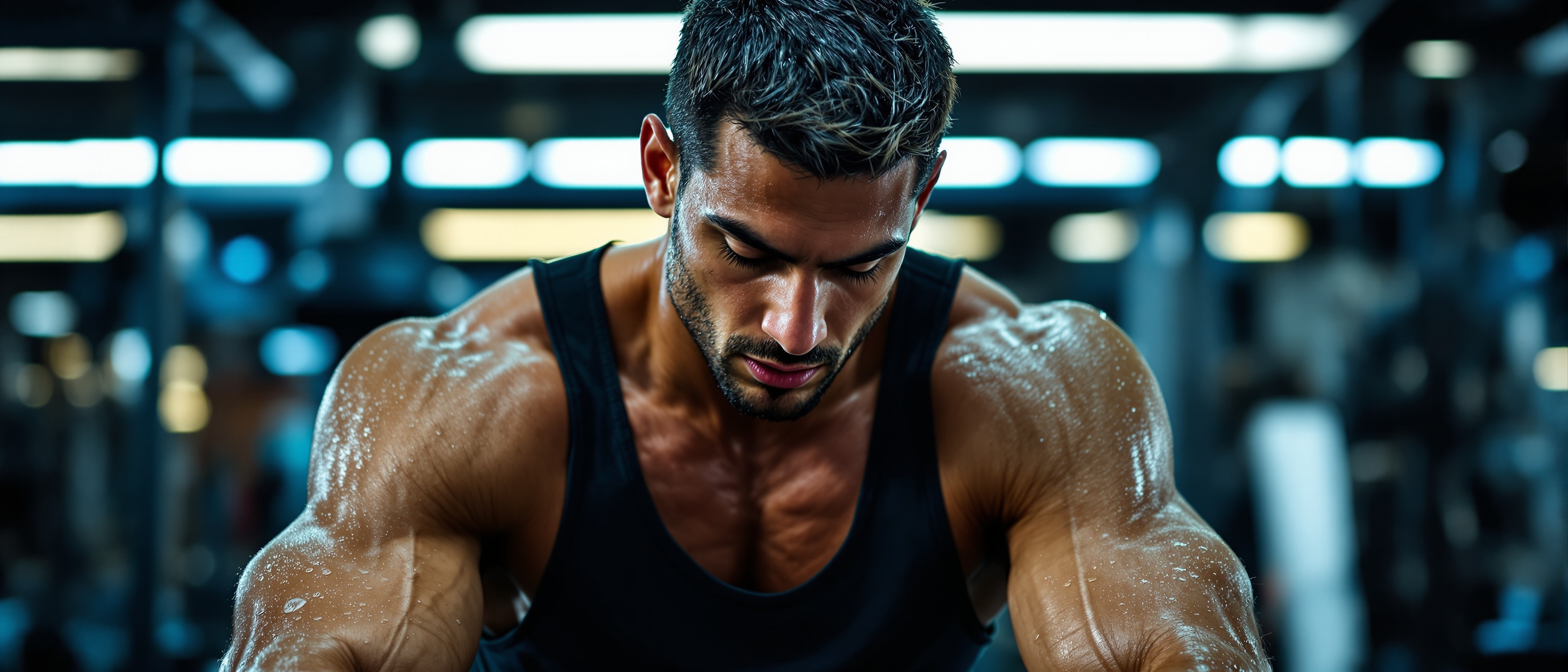 Athletic man contemplating recovery methods while holding ice pack in modern gym setting