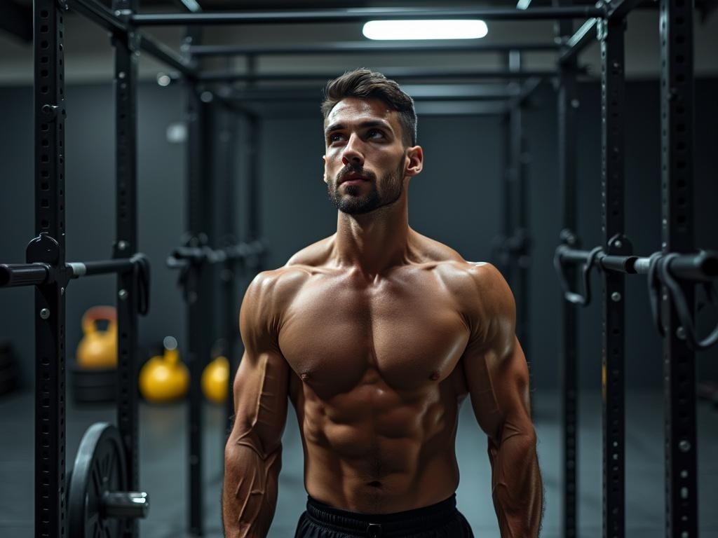 Athletic man performing weighted pull-ups with weight belt in modern gym