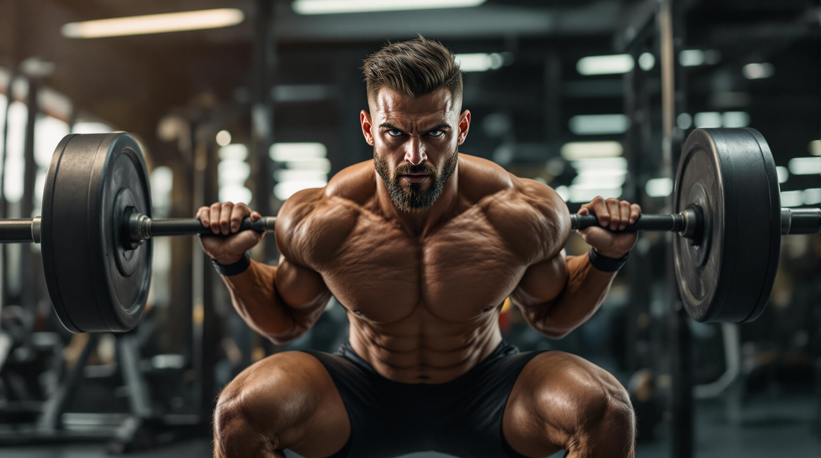Close-up of a muscular person's legs during a squat demonstrating quad development