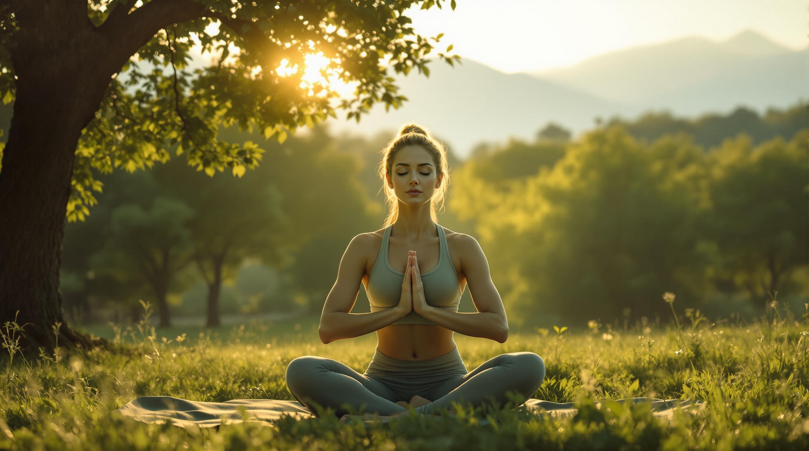 Person practicing mindful yoga in a peaceful outdoor setting to enhance fitness and mental clarity.