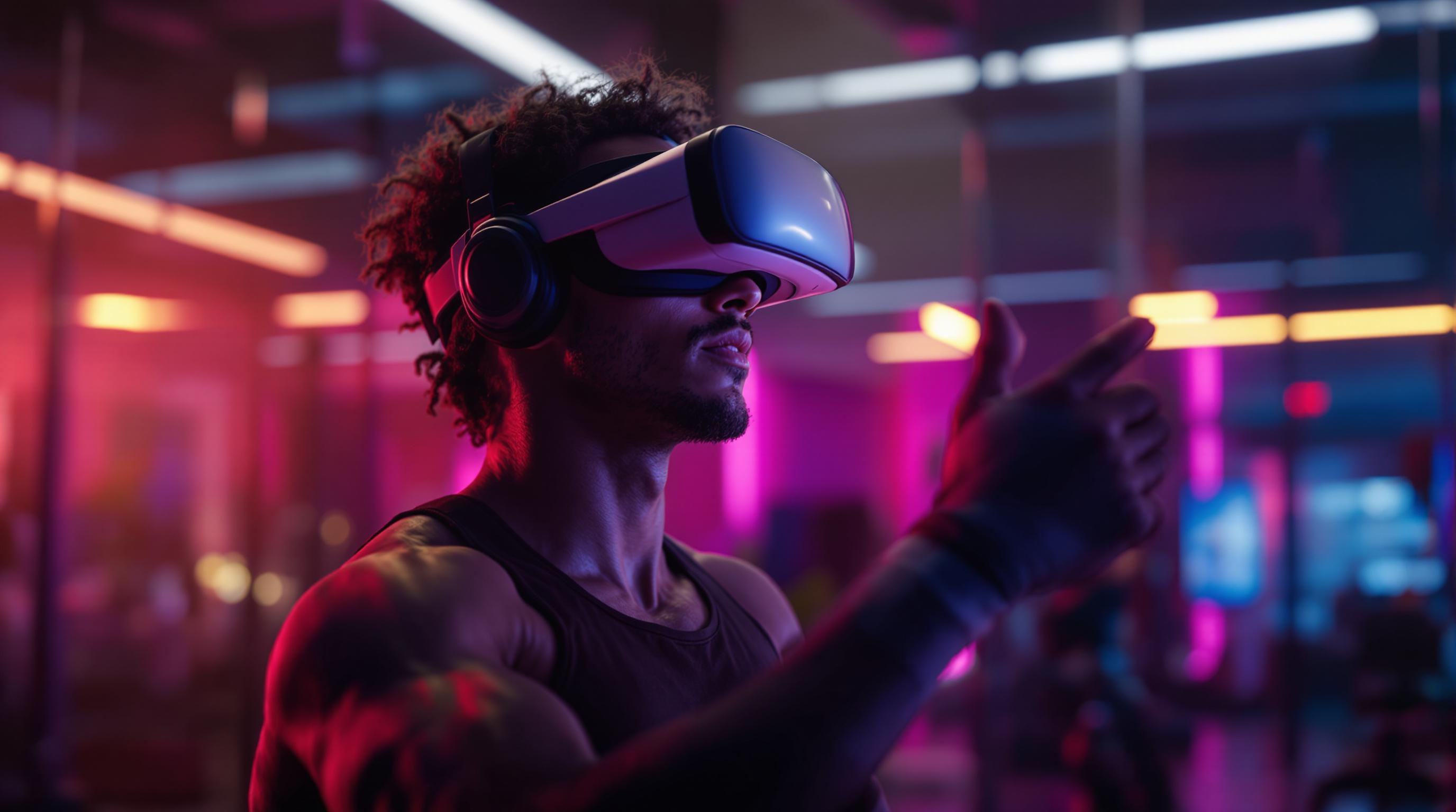 Person using a VR headset during a workout in a vibrant gym environment