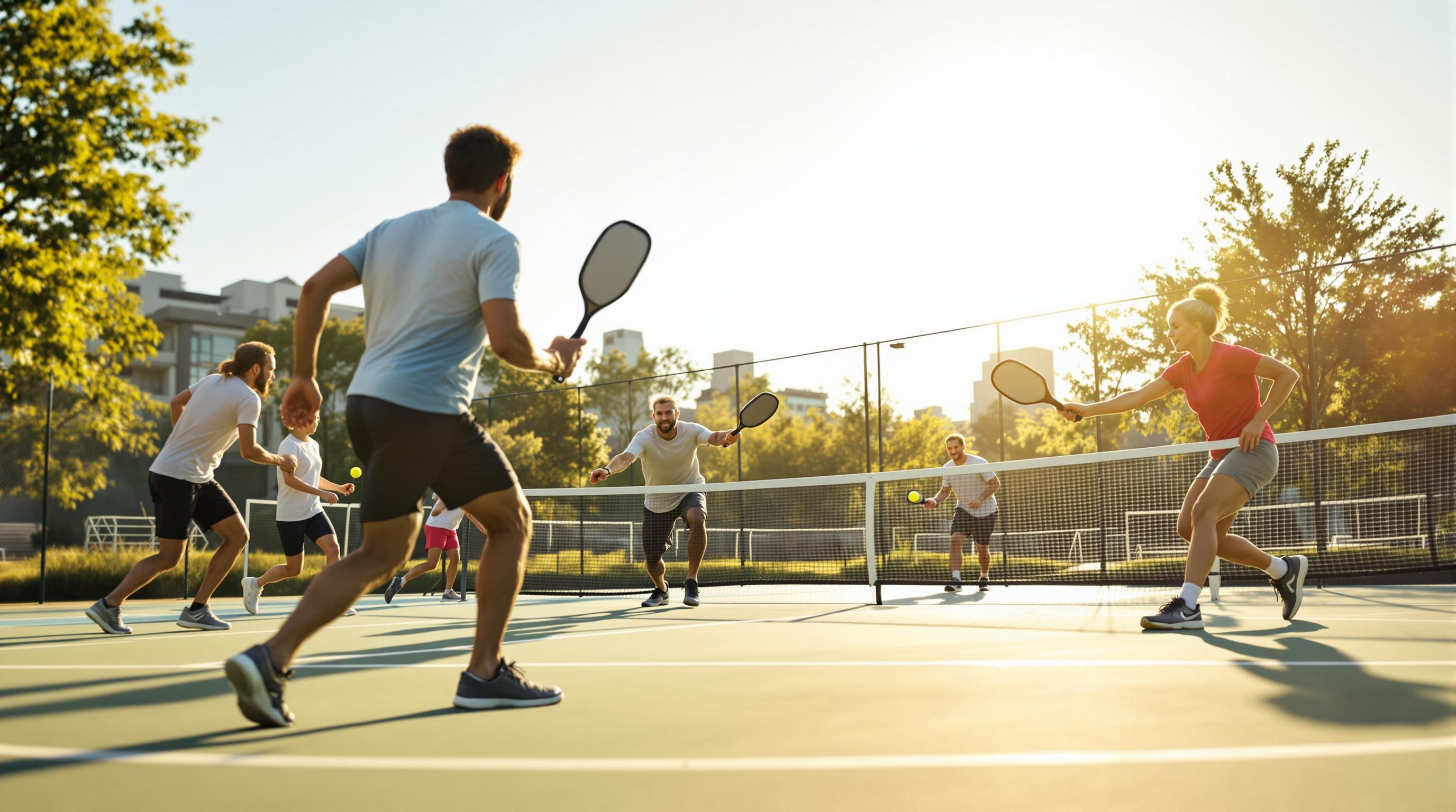 Group of diverse people playing pickleball outdoors, smiling and enjoying the game