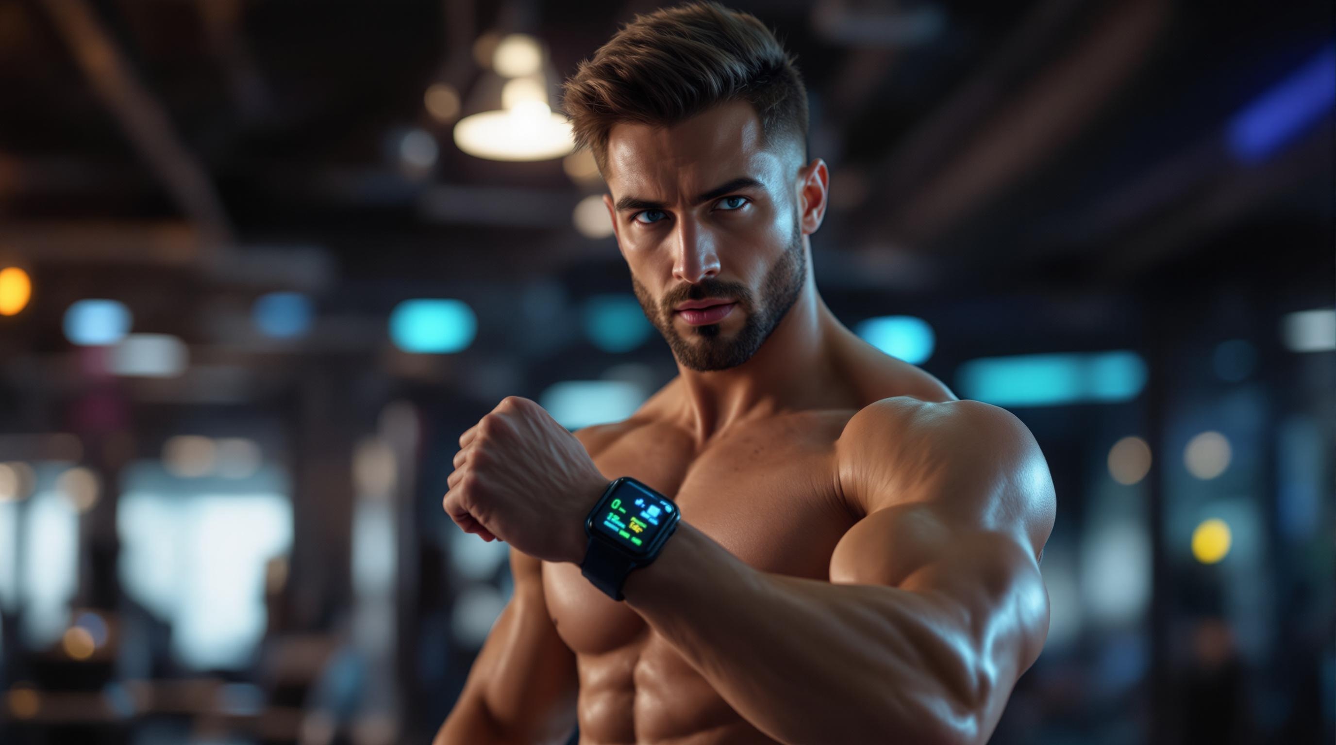A person using fitness wearables and biohacking devices in a high-tech gym environment