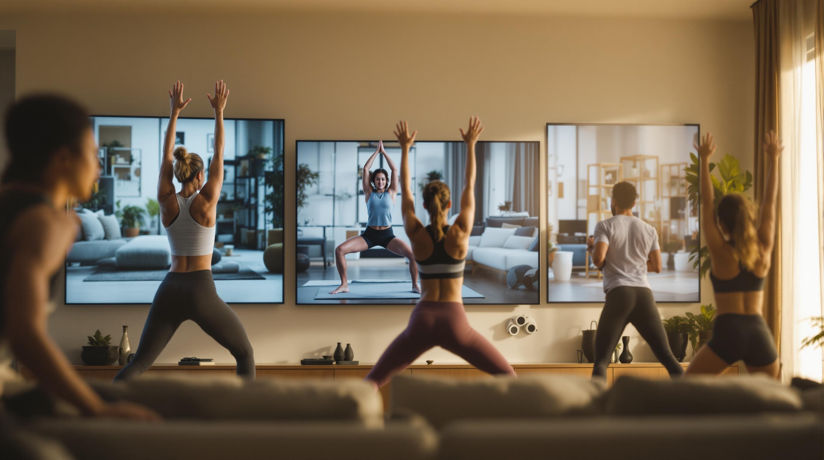 People participating in online fitness classes connected through virtual platforms
