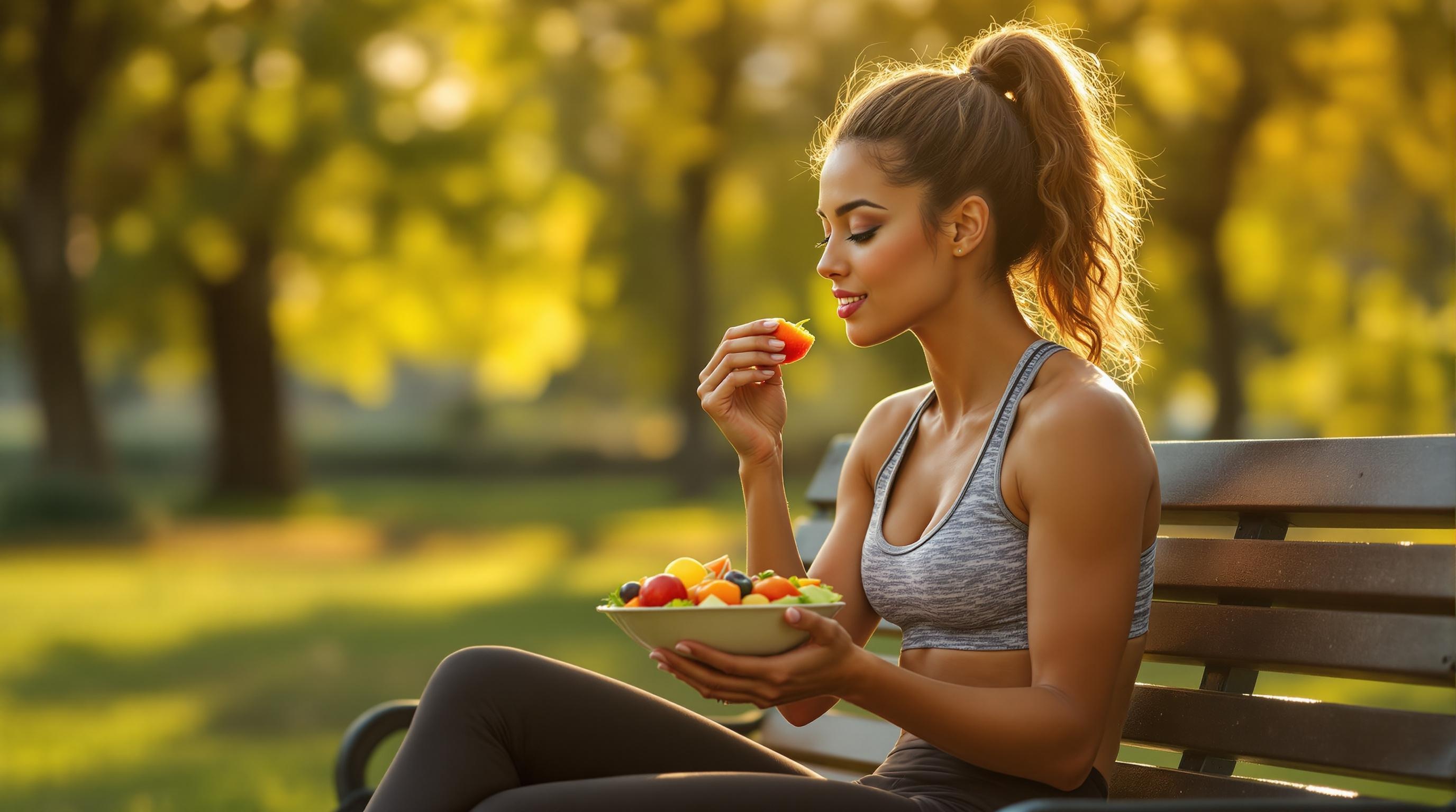 Fitness enthusiast enjoying healthy, mindful meal post-exercise, embodying intuitive eating principles.