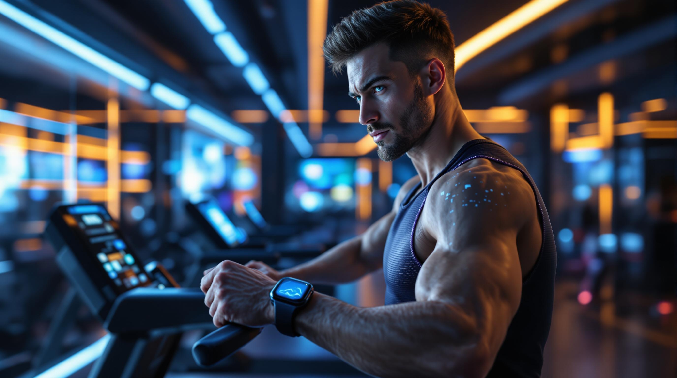 Futuristic fitness technology scene with wearables, VR headset, and athletes