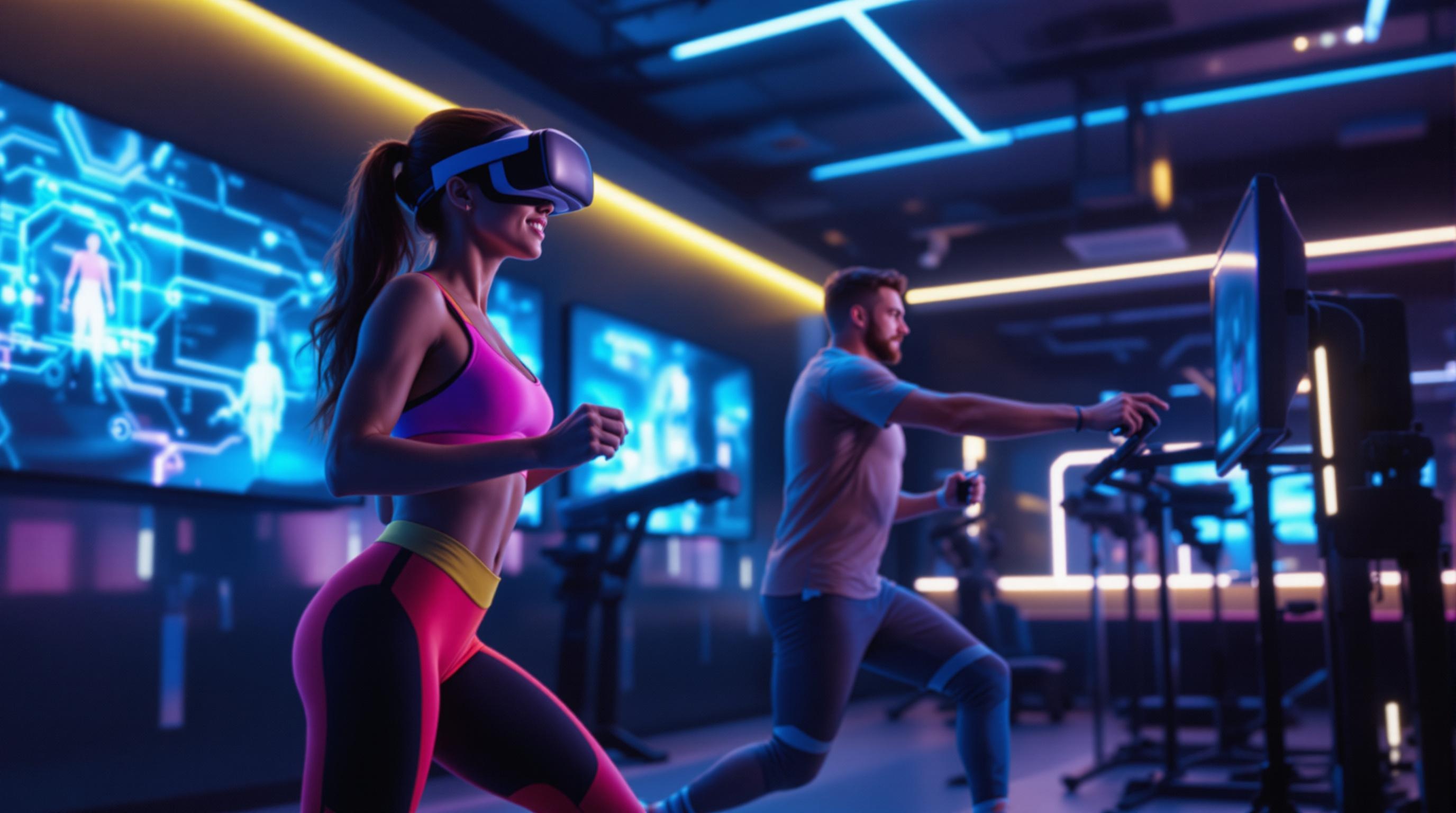 Person engaging in exergaming with VR headset and motion controllers, actively exercising in a lively, futuristic space.