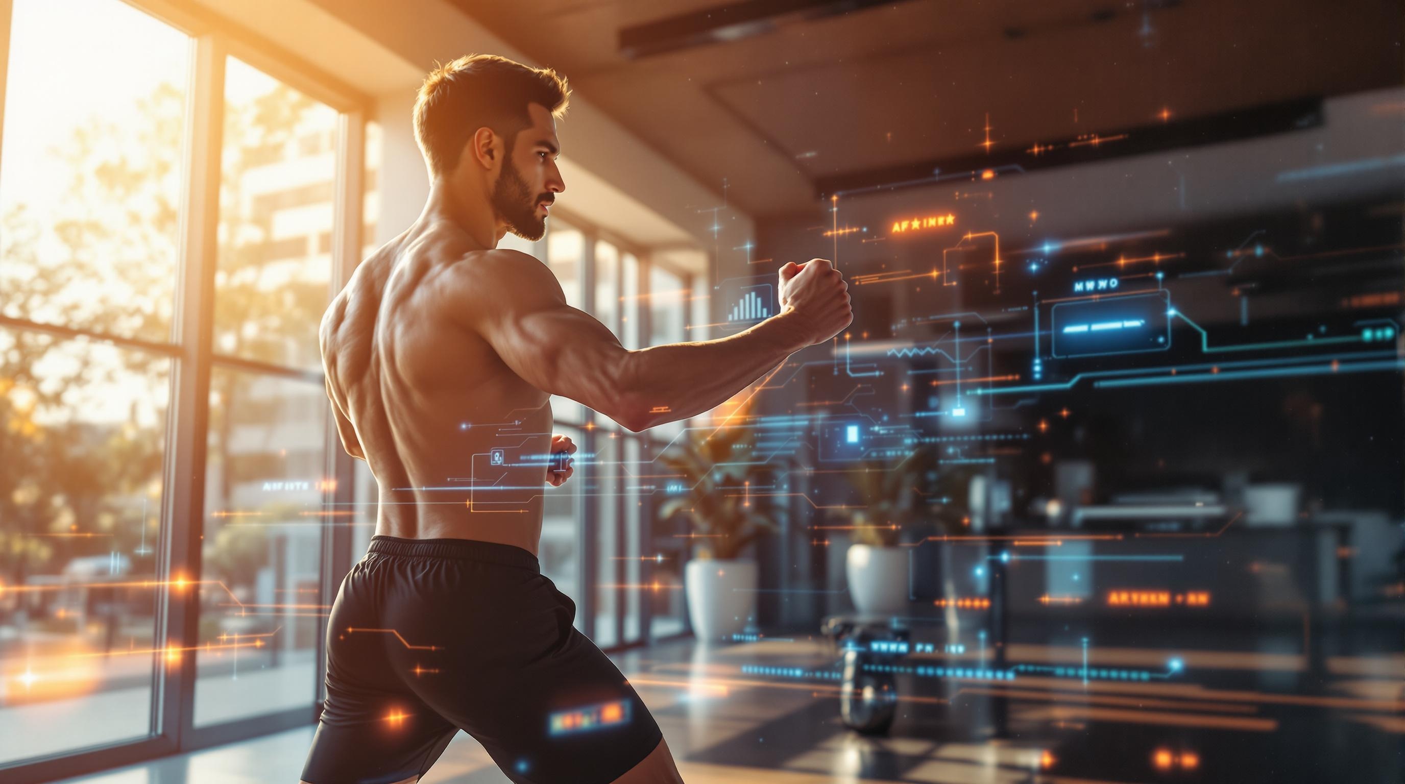 Person using WorkoutWave AI fitness app at home with wearable devices for personalized training