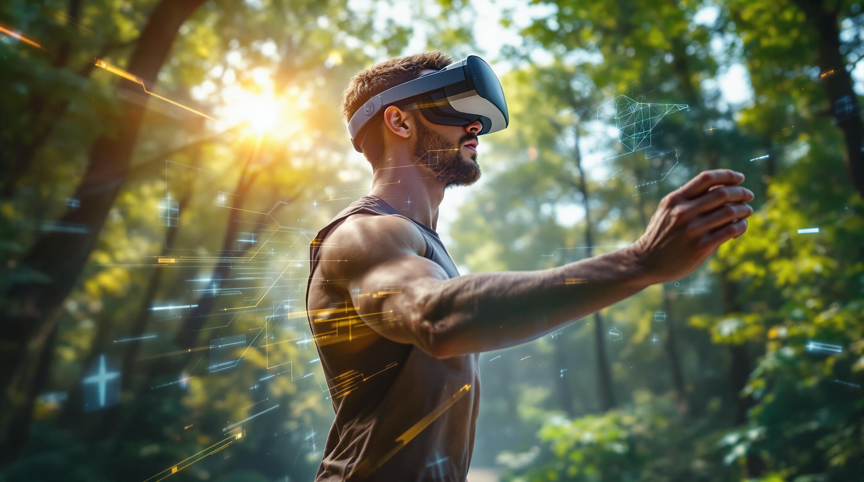 Person using VR headset for an immersive workout in a virtual gym environment