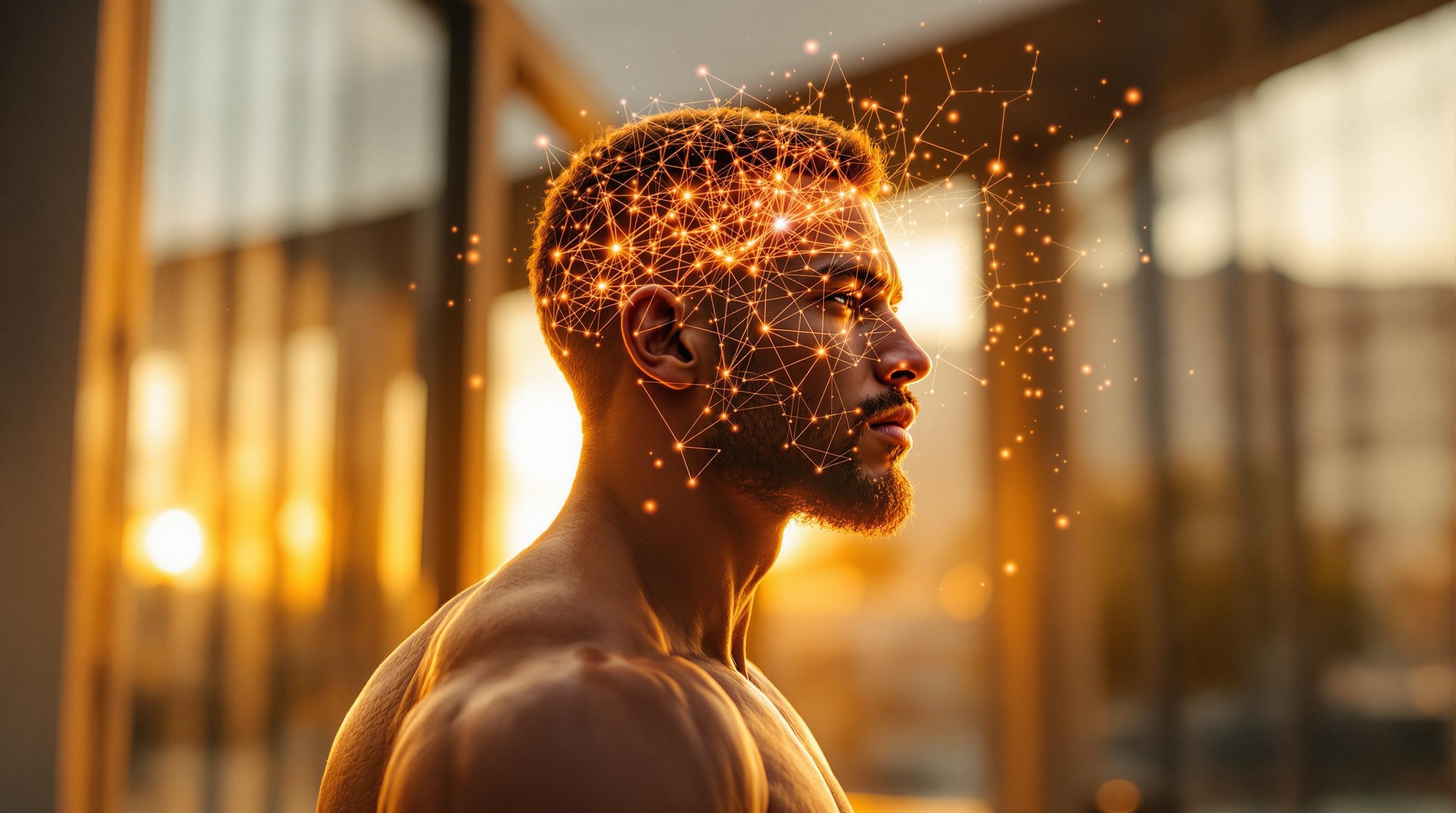 A person practicing mindfulness meditation with digital brain graphic overlay