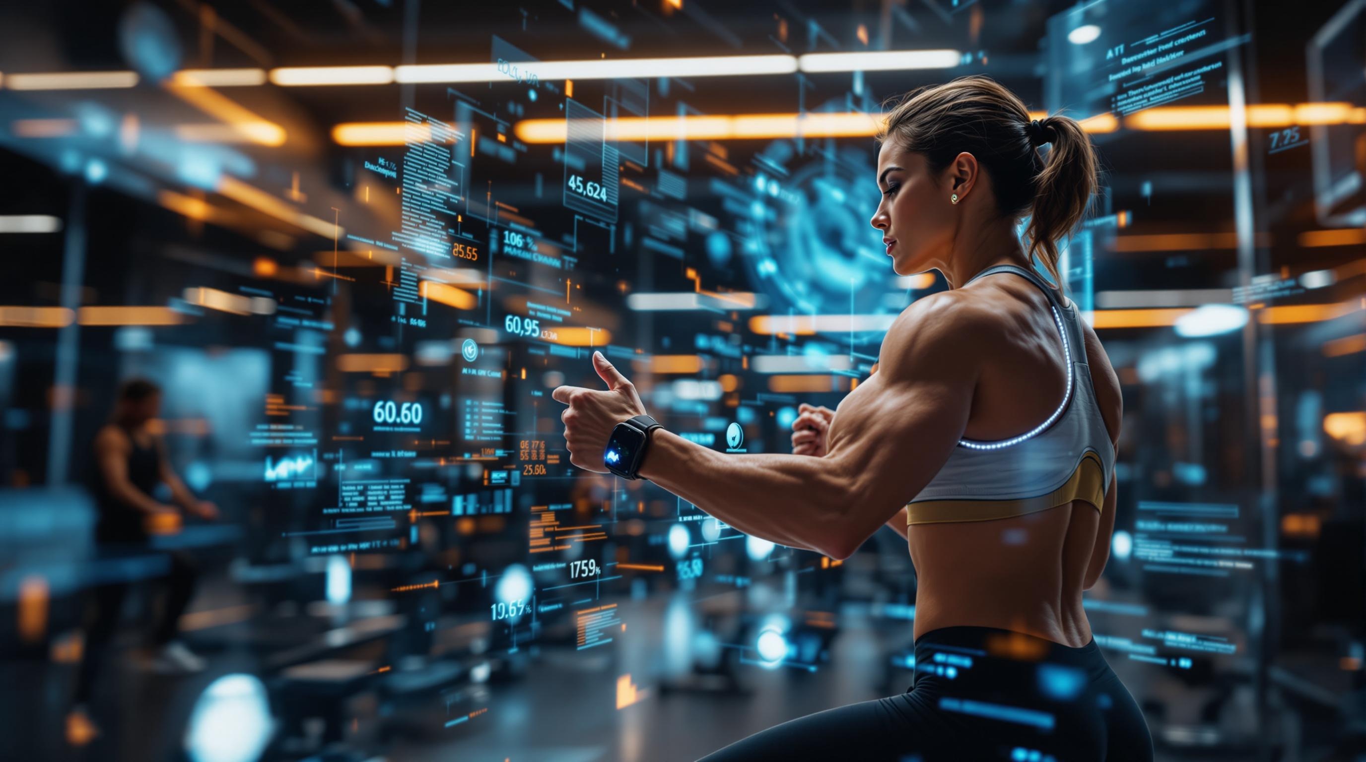A person using a smartphone with AI fitness app during workout in gym.