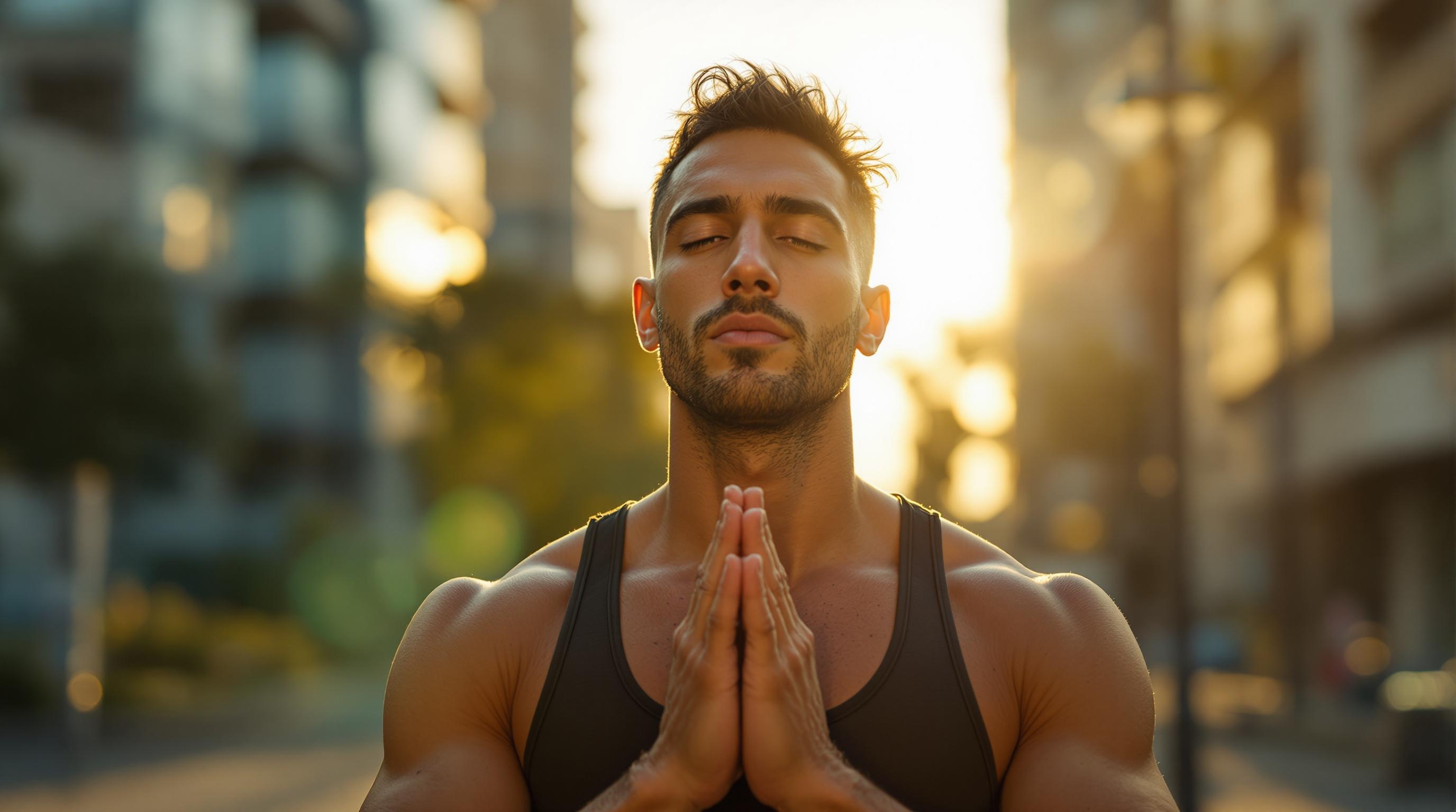 Person performing high-intensity workout with mindfulness meditation visuals in background