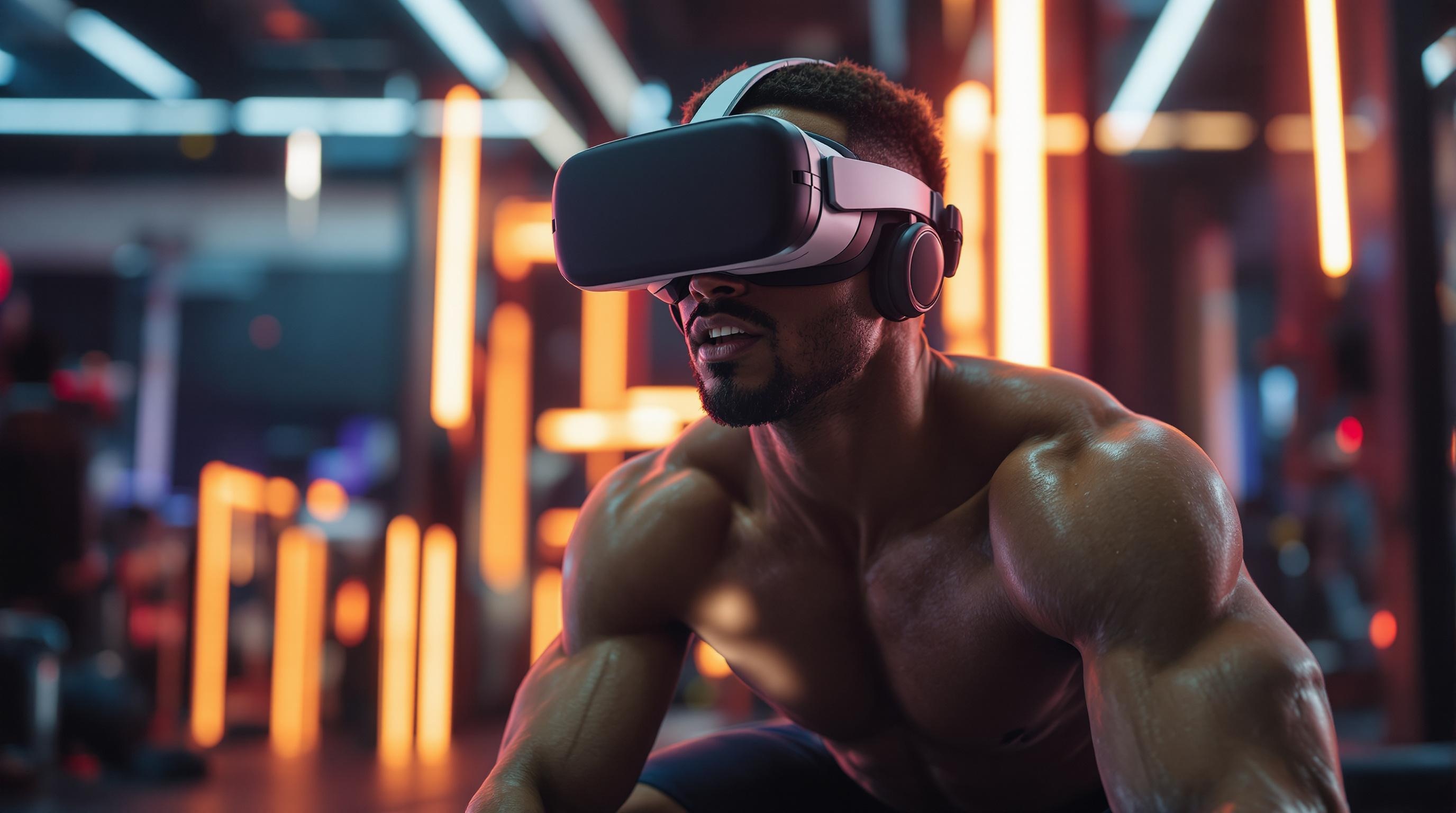 A person using VR headset for fitness in a modern virtual gym environment