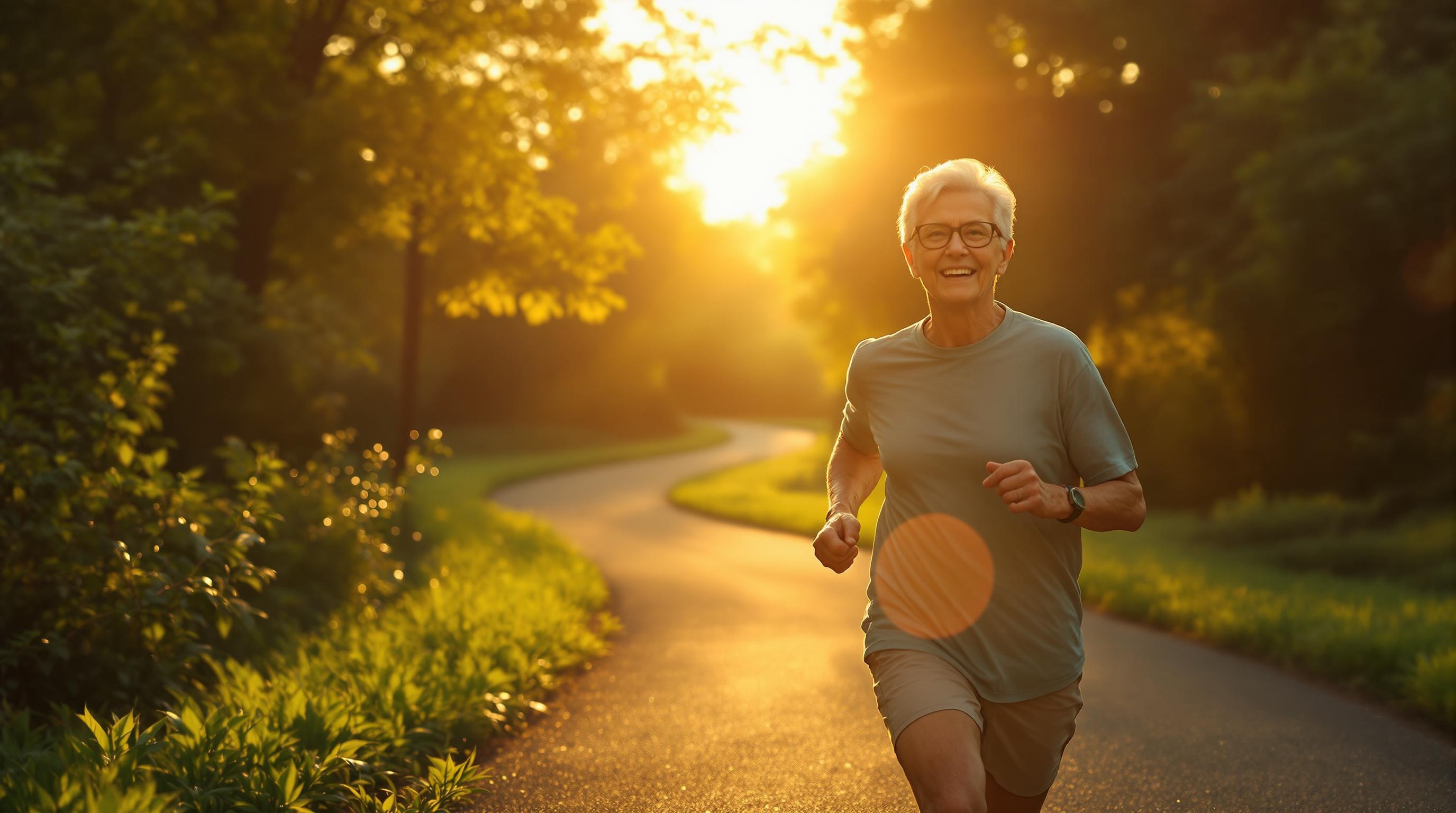 Group of active seniors doing mobility exercises outdoors, smiling and vibrant