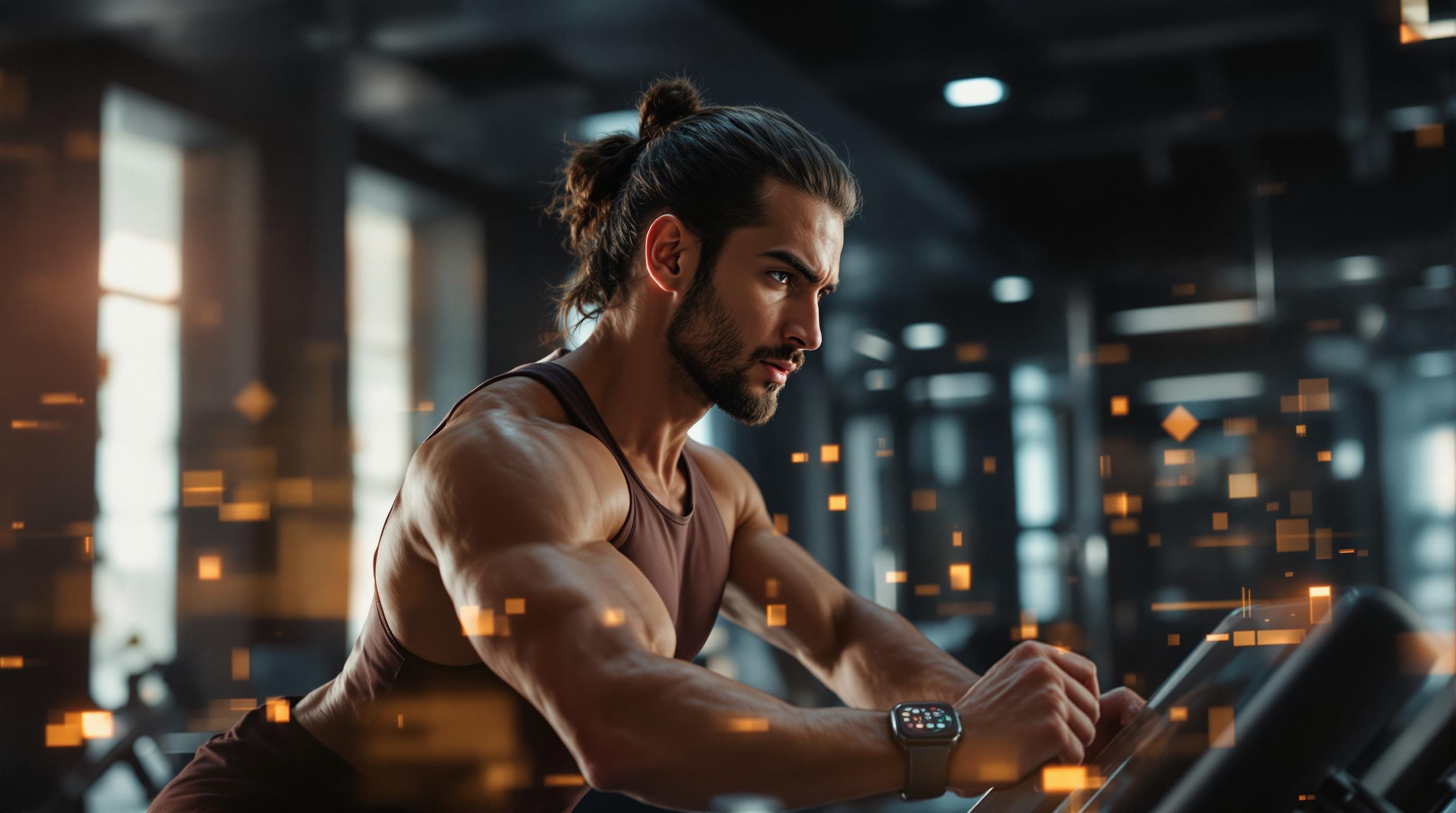 Futuristic digital fitness platform with wearable devices and AI integration