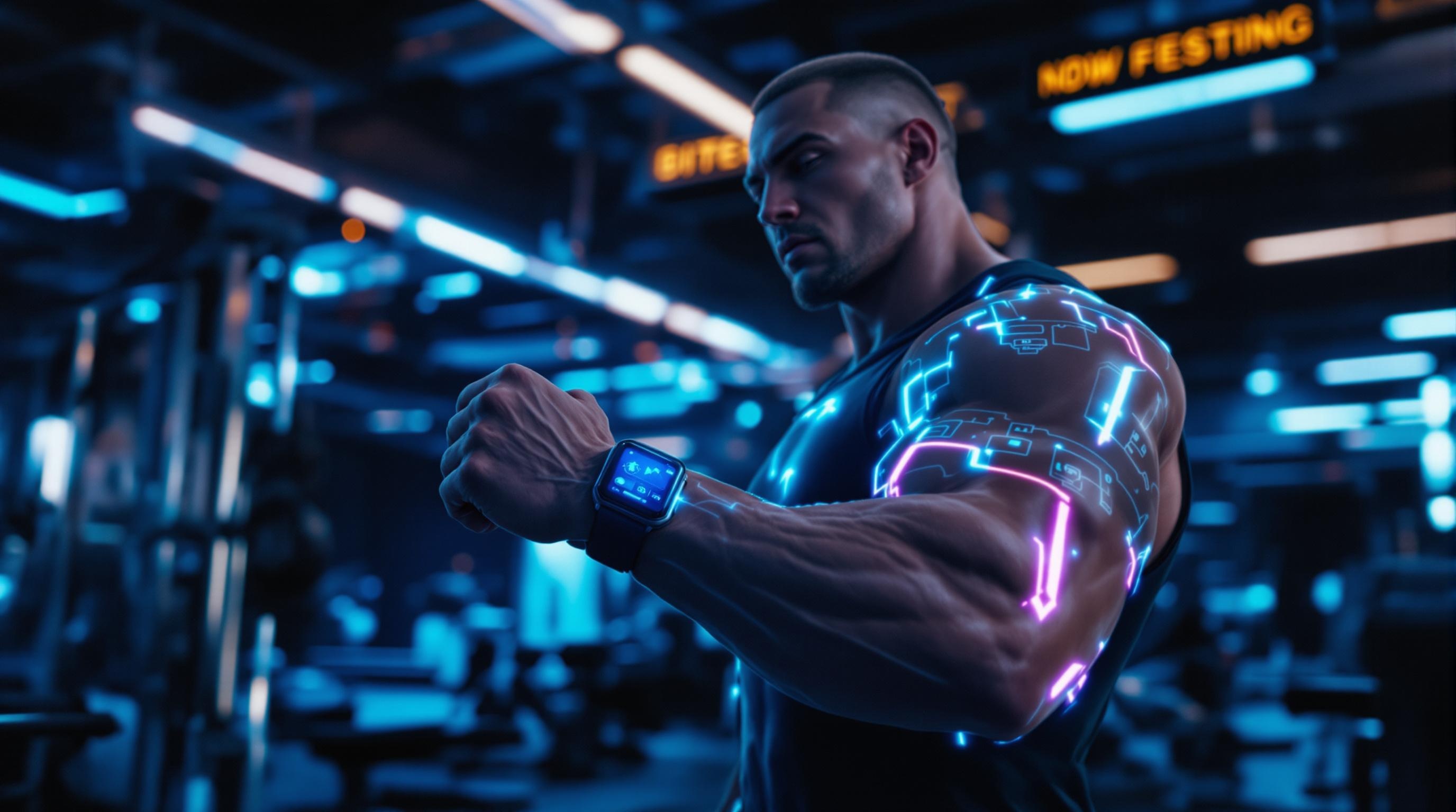 Fitness enthusiast using AI-enabled wearable technology during workout